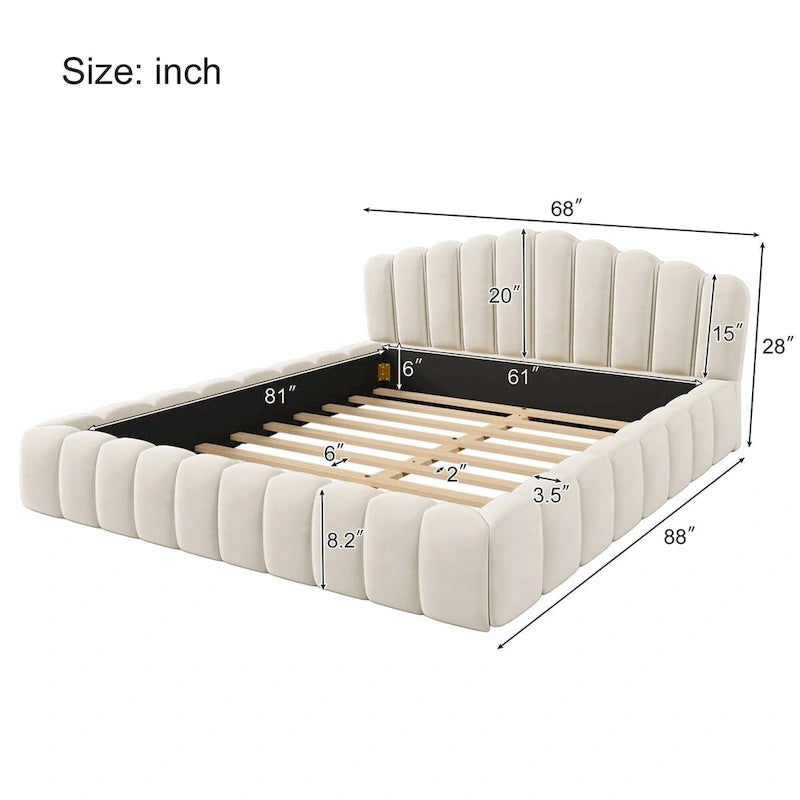 Velvet Upholstered Queen Floor Bed