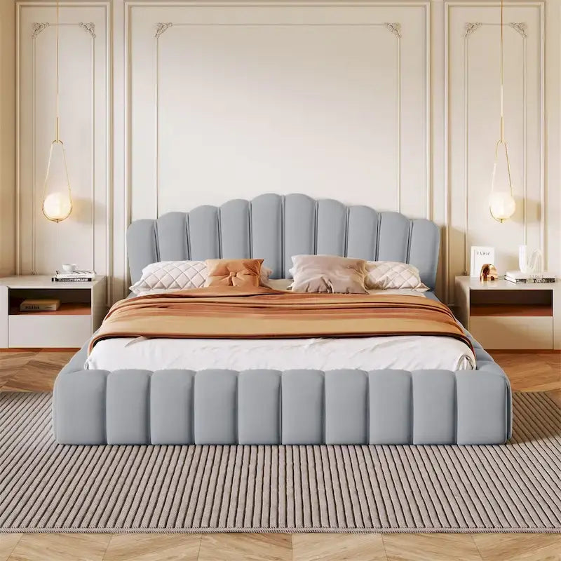 Velvet Upholstered Queen Floor Bed
