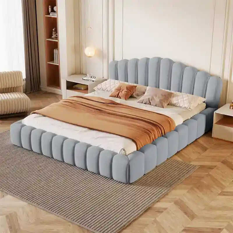 Velvet Upholstered Queen Floor Bed