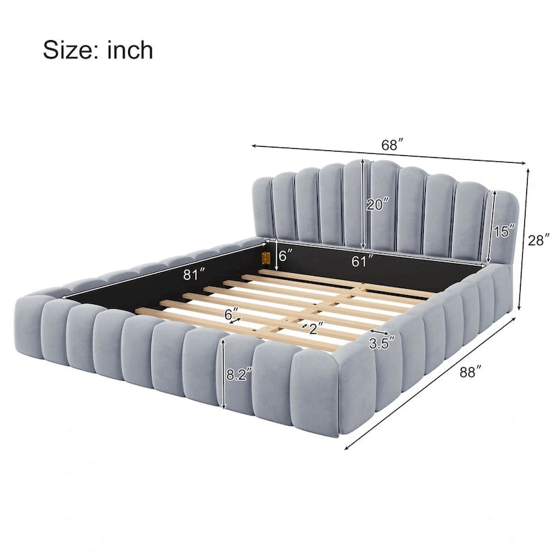 Velvet Upholstered Queen Floor Bed