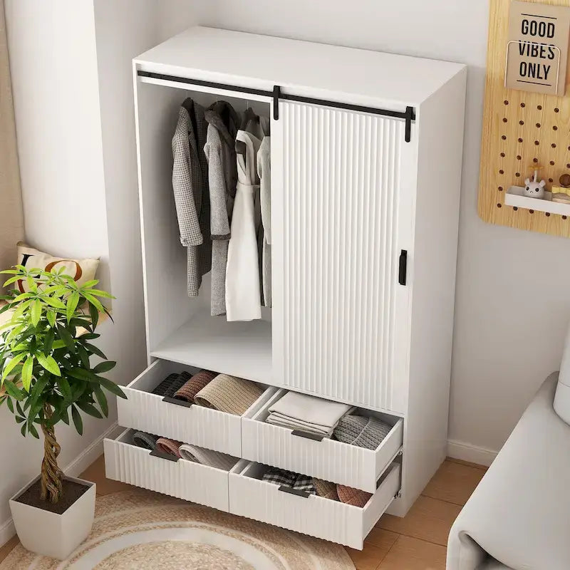 Tall Bedroom Armoire Wardrobe Closet Clothing Storage Cabinet with Hanging Rod Barn Door Drawers Open Shelves