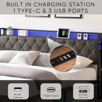 Platform Bed Frame with Storage Headboard, Charging Station and LED Lights
