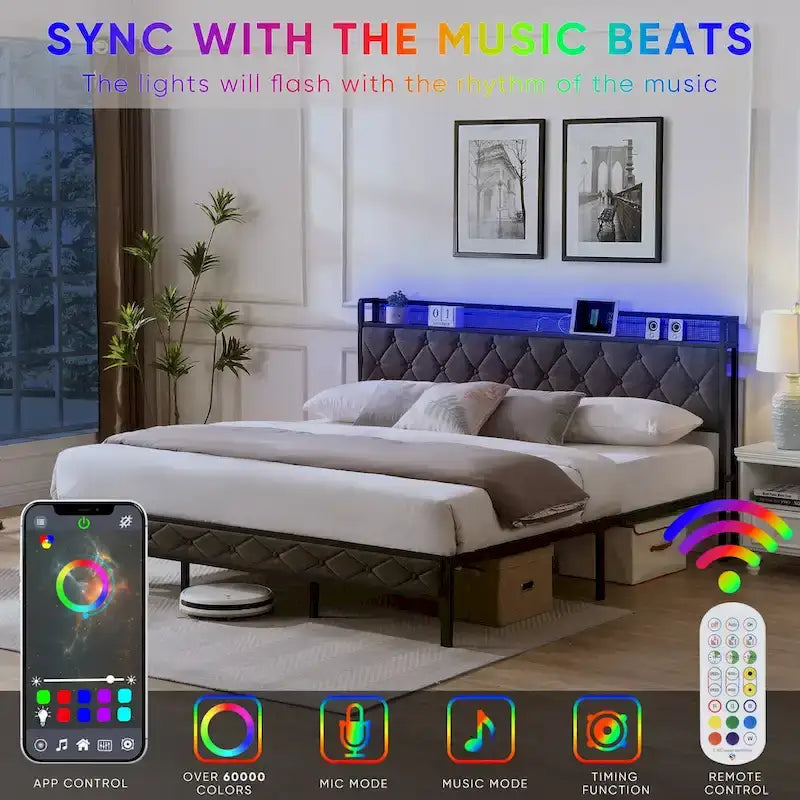 Platform Bed Frame with Storage Headboard, Charging Station and LED Lights