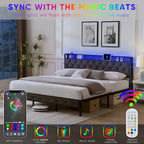 Platform Bed Frame with Storage Headboard, Charging Station and LED Lights