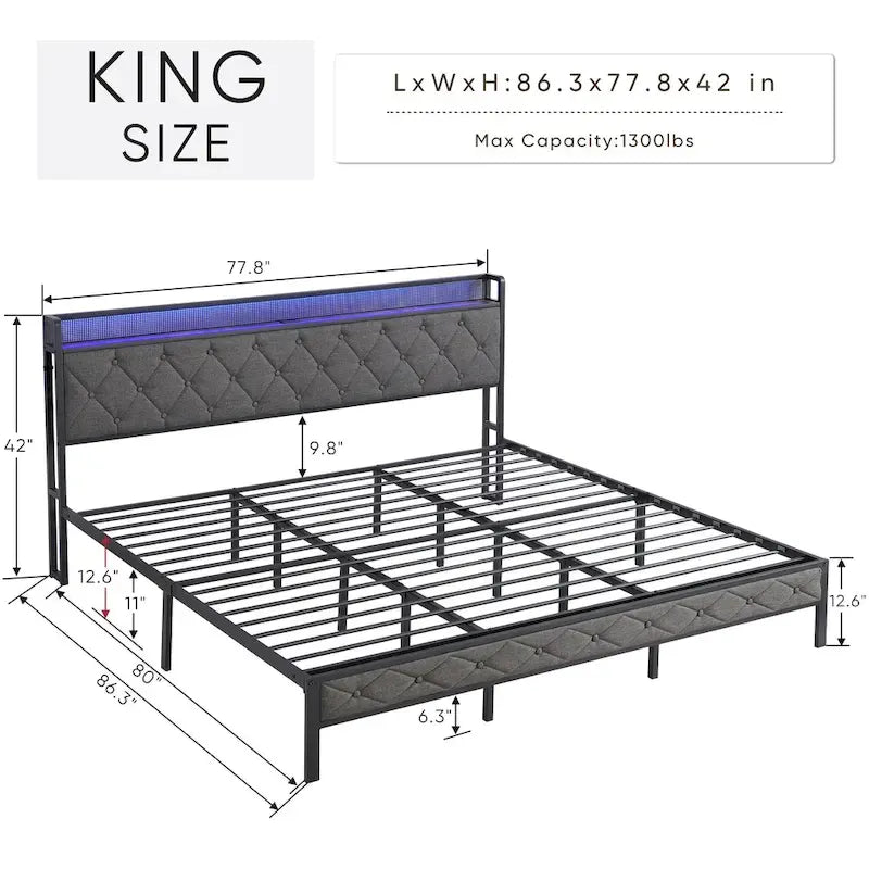 Platform Bed Frame with Storage Headboard, Charging Station and LED Lights