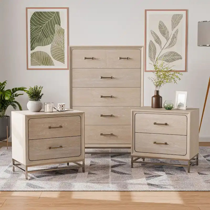Drayden Transitional Oak Solid Wood 3-Piece Chest and 2 Nightstand Bedroom Set