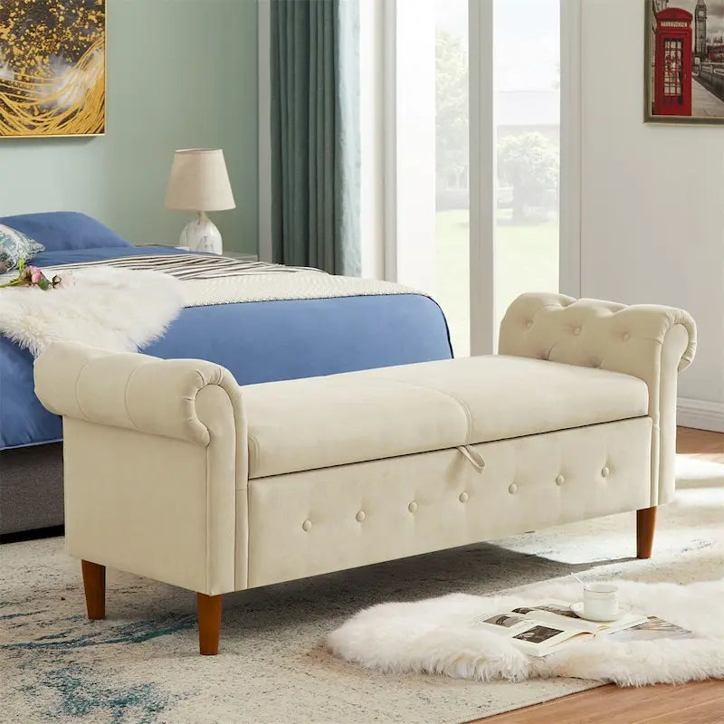 Storage Bench for Bedroom End of Bed Rolled Armed Velvet Ottoman Couch Long Bench