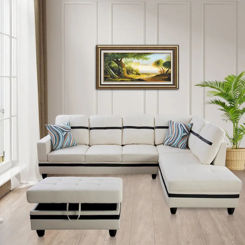 L-Shape Semi PU Leather Living Room Sofa Set with Ottoman,3-Piece