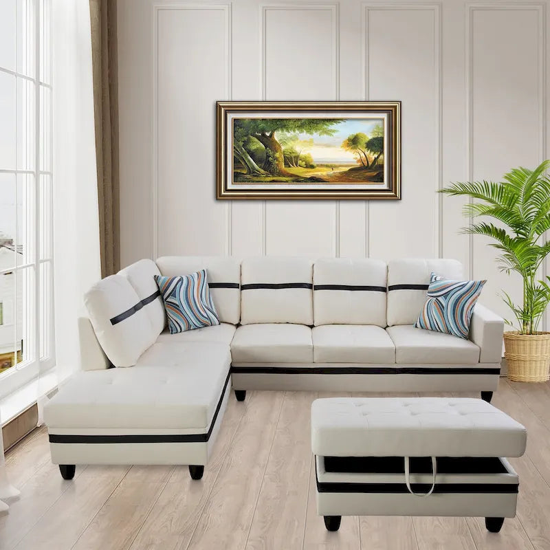 L-Shape Semi PU Leather Living Room Sofa Set with Ottoman,3-Piece