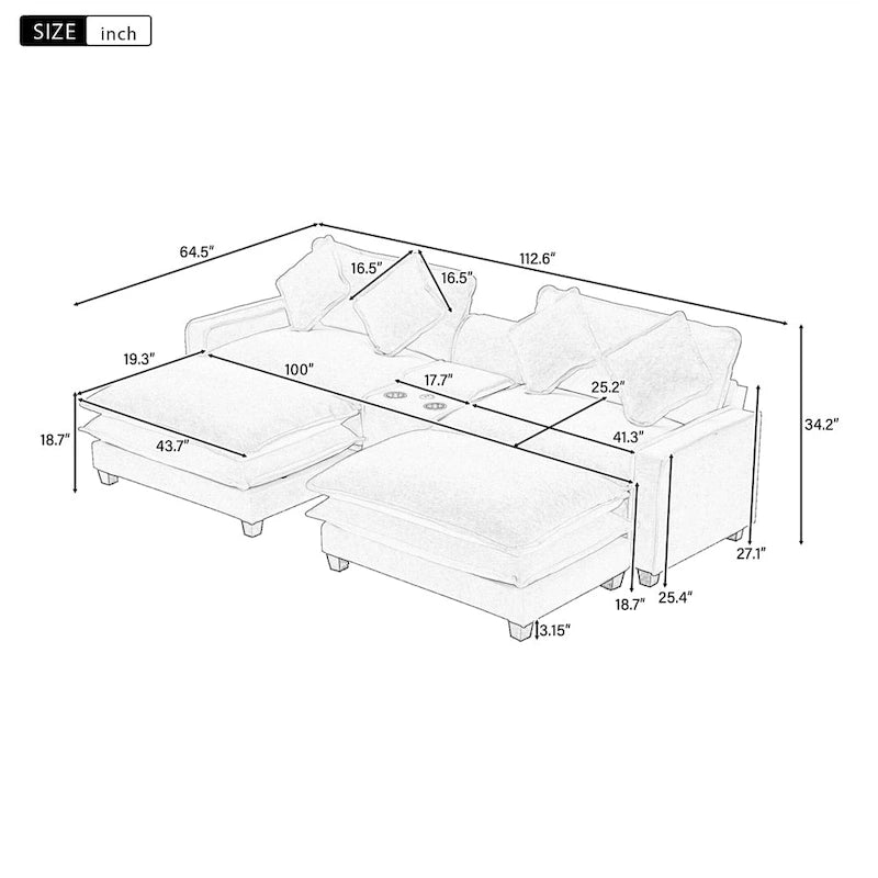 112.6 Chenille Upholstered Sectional Sofa with 2 Removable Ottoman