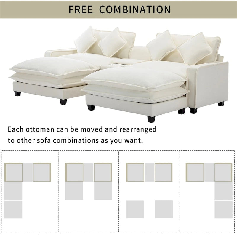 112.6 Chenille Upholstered Sectional Sofa with 2 Removable Ottoman