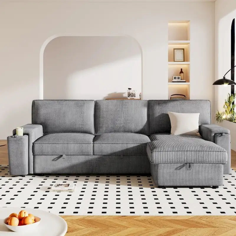 Upholstery Sleeper Sectional Sofa with Storage Bags and 2 Cup Holders on Arms