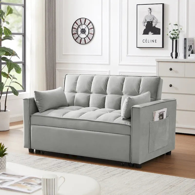 3 in 1 Convertible Velvet Sofa Couch w/Pullout Bed and Reclining Backres