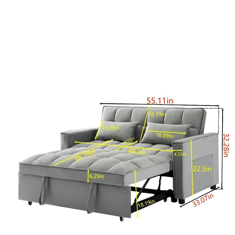 3 in 1 Convertible Velvet Sofa Couch w/Pullout Bed and Reclining Backres