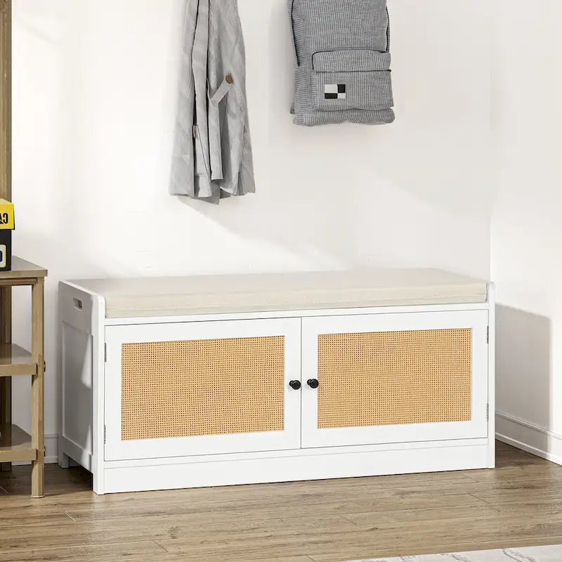 Anmytek White Shoe Storage Bench for Entryway with Cushion and Adjustable Shelves - 39.8 W x 15.7 D x 18 H