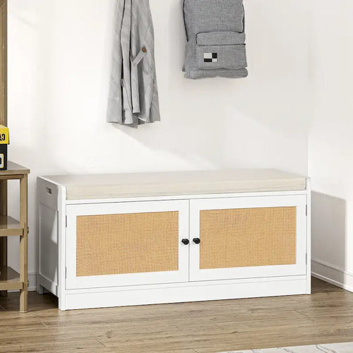 Anmytek White Shoe Storage Bench for Entryway with Cushion and Adjustable Shelves - 39.8 W x 15.7 D x 18 H