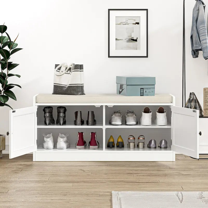 Anmytek White Shoe Storage Bench for Entryway with Cushion and Adjustable Shelves - 39.8 W x 15.7 D x 18 H