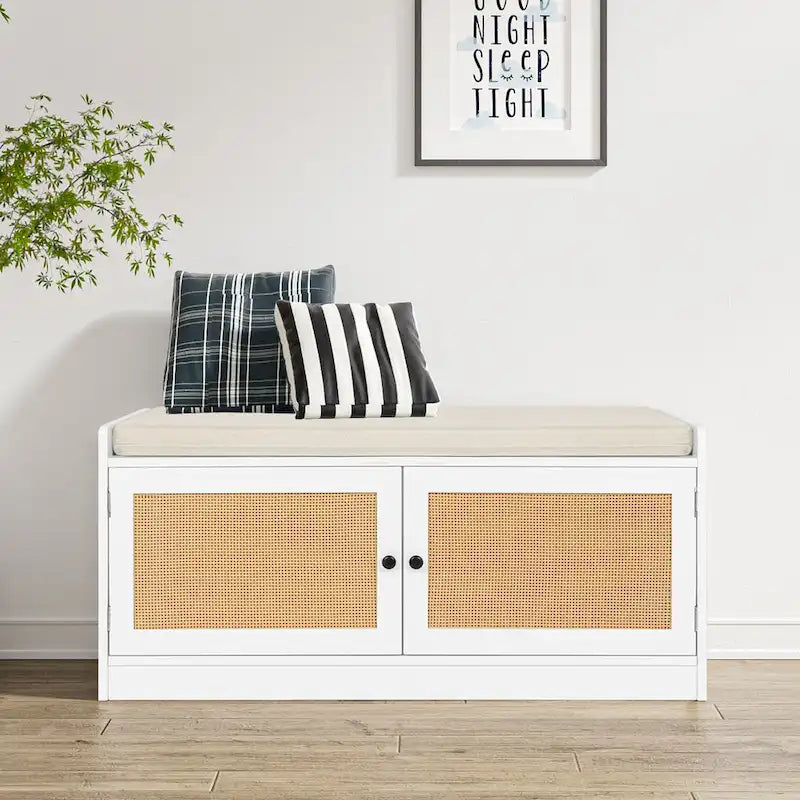 Anmytek White Shoe Storage Bench for Entryway with Cushion and Adjustable Shelves - 39.8 W x 15.7 D x 18 H