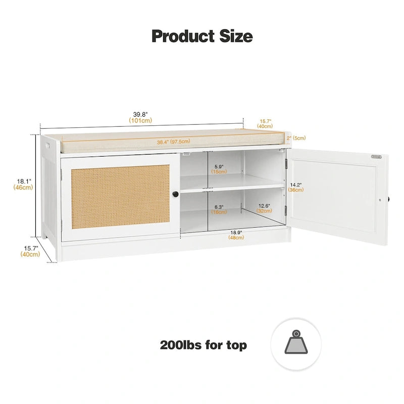 Anmytek White Shoe Storage Bench for Entryway with Cushion and Adjustable Shelves - 39.8 W x 15.7 D x 18 H
