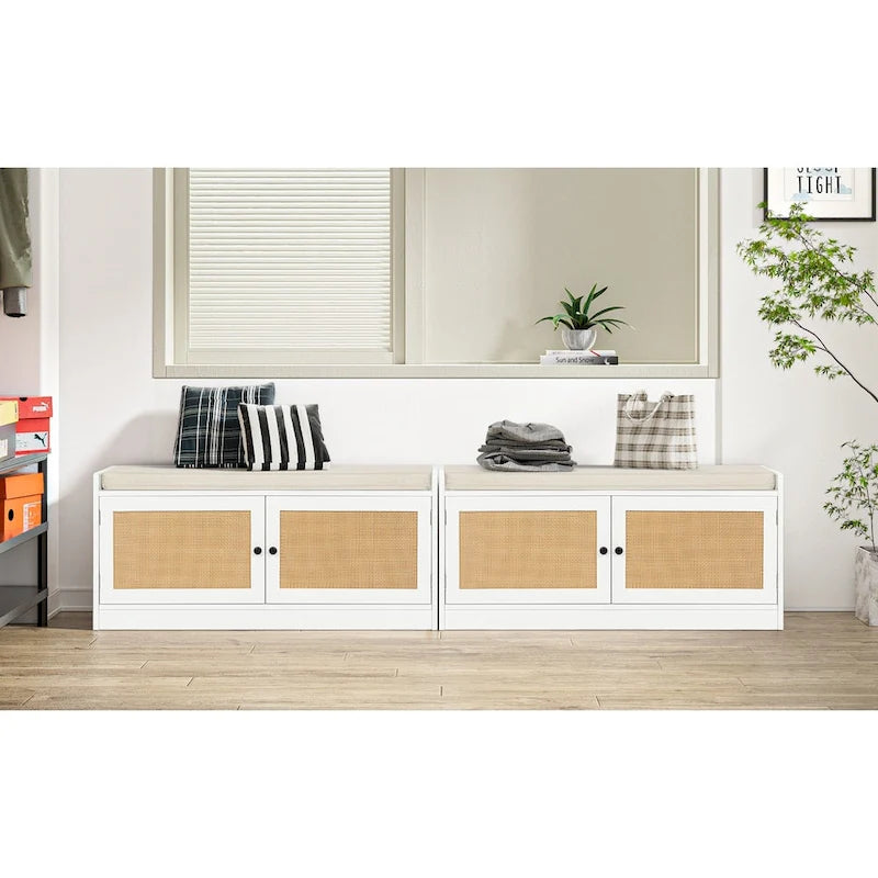 Anmytek White Shoe Storage Bench for Entryway with Cushion and Adjustable Shelves - 39.8 W x 15.7 D x 18 H