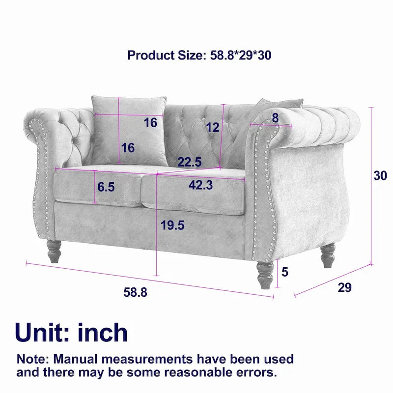 Beige Velvet Chesterfield Loveseat Sofa, Rolled Arms, Nailhead Trim