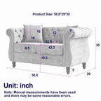 Beige Velvet Chesterfield Loveseat Sofa, Rolled Arms, Nailhead Trim