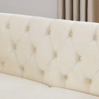 Beige Velvet Chesterfield Loveseat Sofa, Rolled Arms, Nailhead Trim