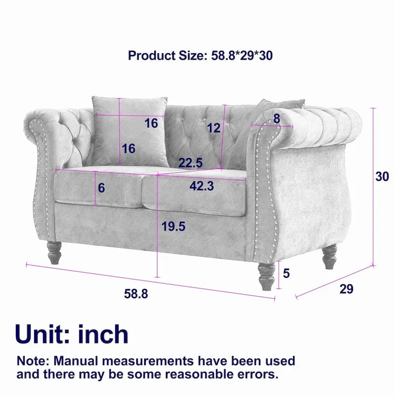Beige Velvet Chesterfield Loveseat Sofa, Rolled Arms, Nailhead Trim