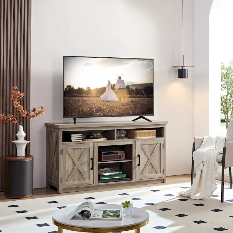 Farmhouse Barn door TV Media Stand Modern Entertainment Console for TV Up to 65 with Open and Closed Storage Space