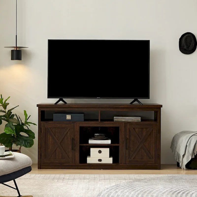 Farmhouse Barn door TV Media Stand Modern Entertainment Console for TV Up to 65 with Open and Closed Storage Space