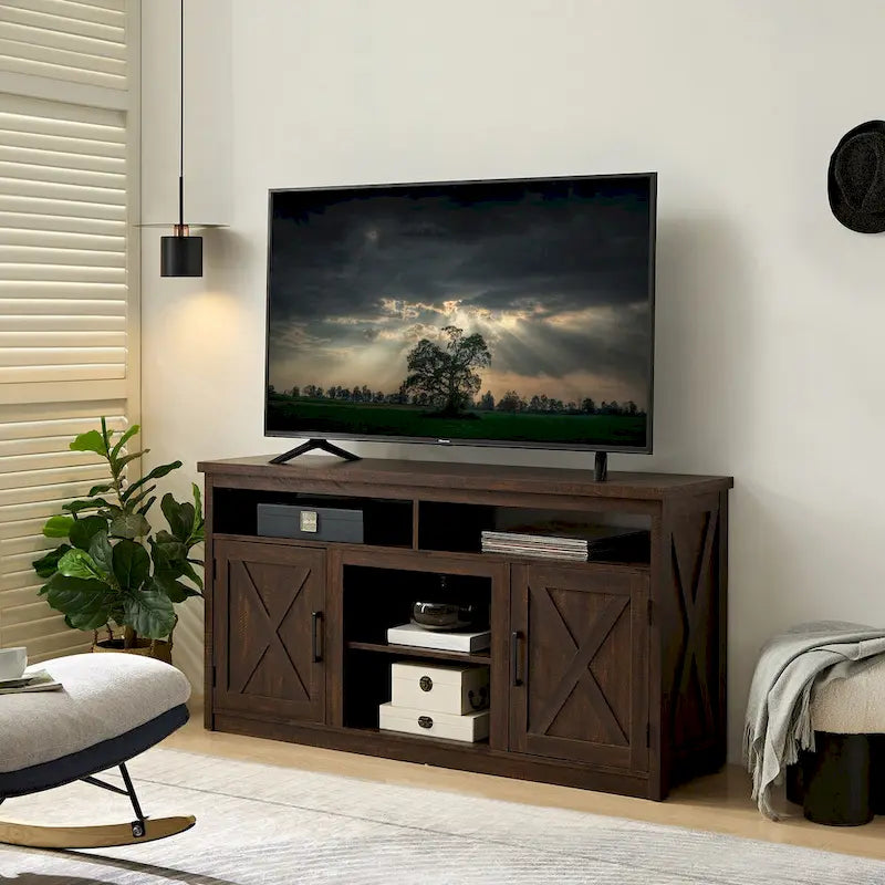 Farmhouse Barn door TV Media Stand Modern Entertainment Console for TV Up to 65 with Open and Closed Storage Space