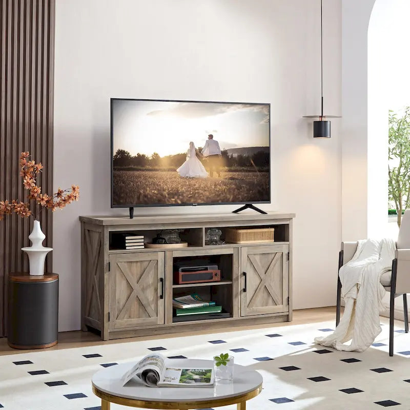 Farmhouse Barn door TV Media Stand Modern Entertainment Console for TV Up to 65 with Open and Closed Storage Space