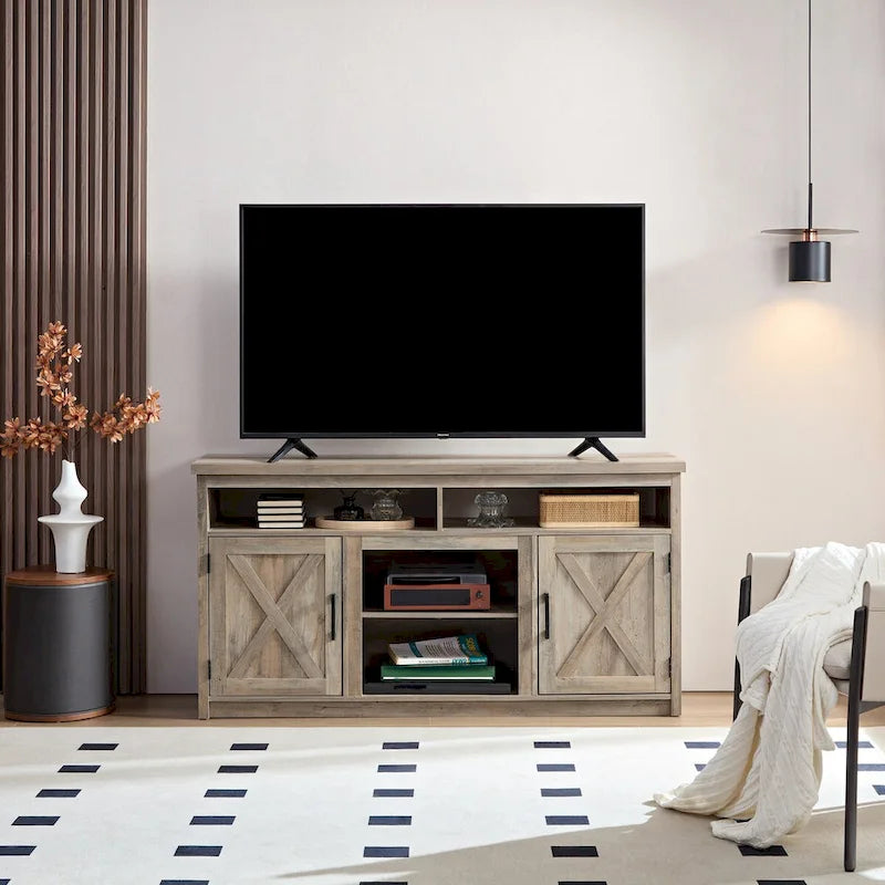 Farmhouse Barn door TV Media Stand Modern Entertainment Console for TV Up to 65 with Open and Closed Storage Space