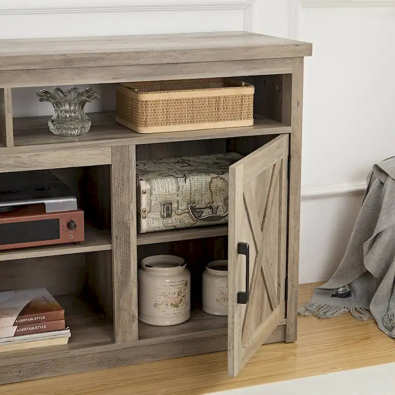 Farmhouse Barn door TV Media Stand Modern Entertainment Console for TV Up to 65 with Open and Closed Storage Space