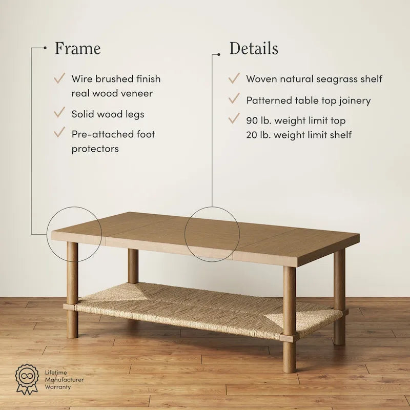 Beacon Bohemian Coffee Table with Storage, 2-Tier Rectangle Coffee Table with Solid Wood Legs and Seagrass Shelf