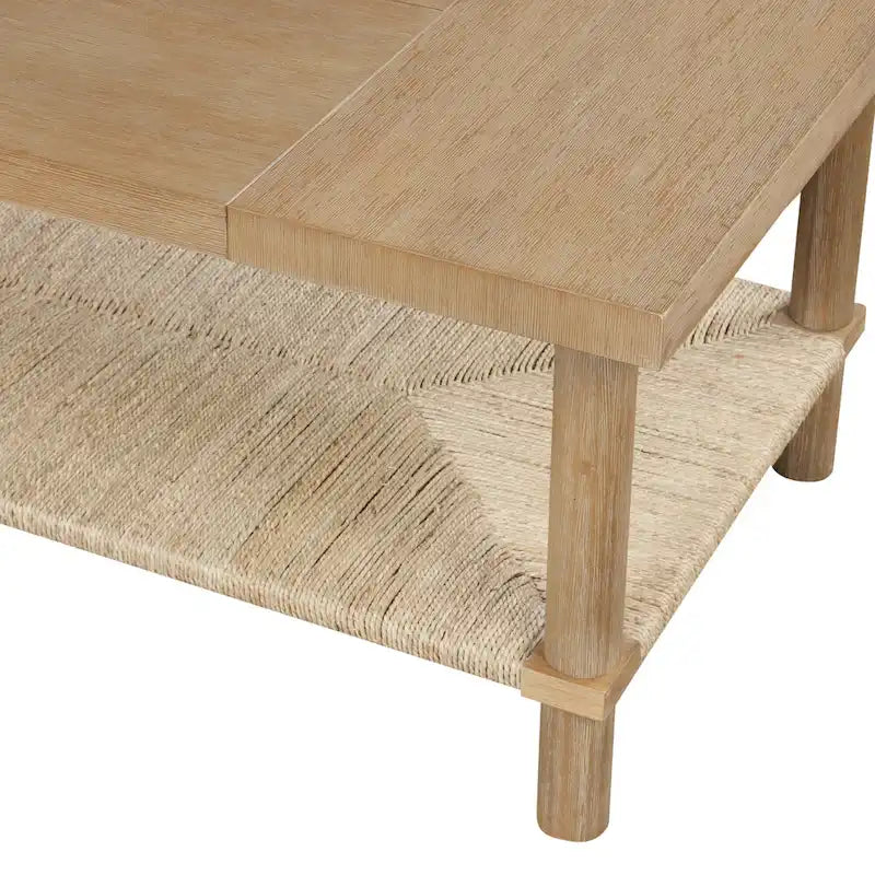 Beacon Bohemian Coffee Table with Storage, 2-Tier Rectangle Coffee Table with Solid Wood Legs and Seagrass Shelf