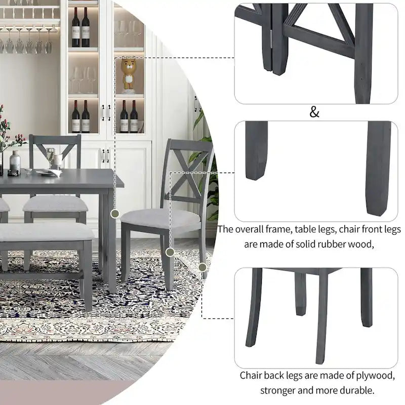 6-Piece Family Dining Room Set Solid Wood Space Saving Foldable Table and 4 Chairs with Bench for Dining Room