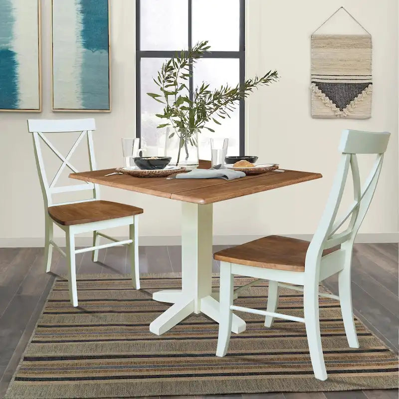 36 Solid Wood Square Dual Drop Leaf Dining Table with 2 Dining Chairs