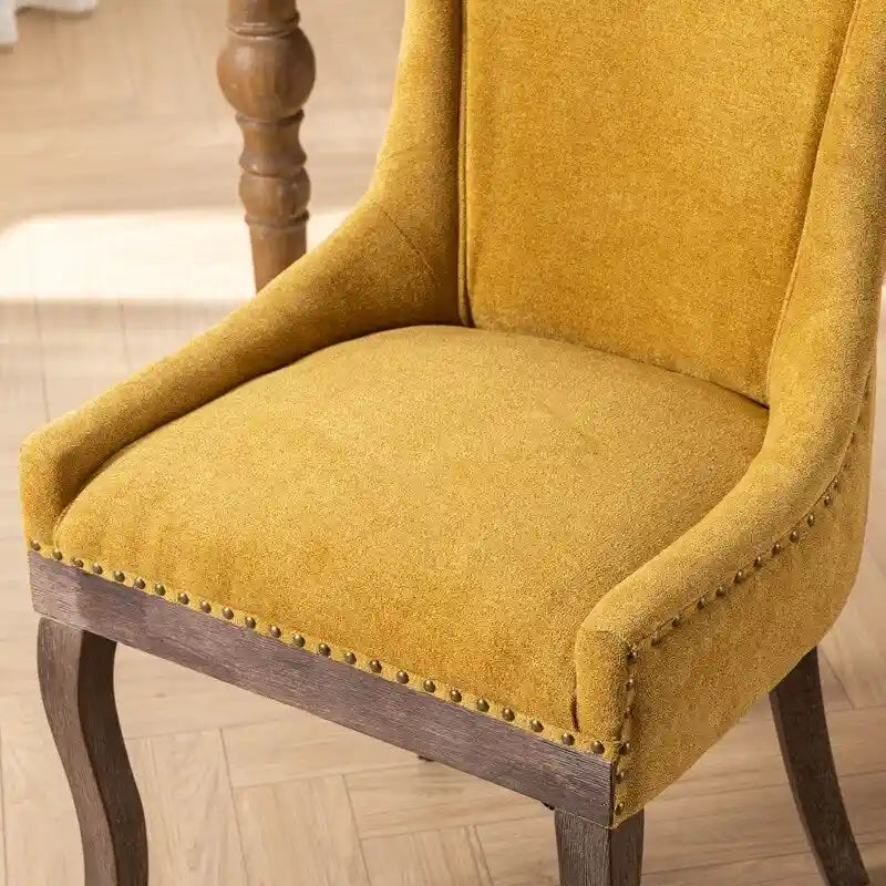 Thickened Fabric Dining Chairs w/Solid Wood Legs,Bronze nail head,Set of 2