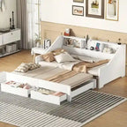 Twin to King Size Daybed Frame with Storage Bookcases and Two Drawers,Charging Design