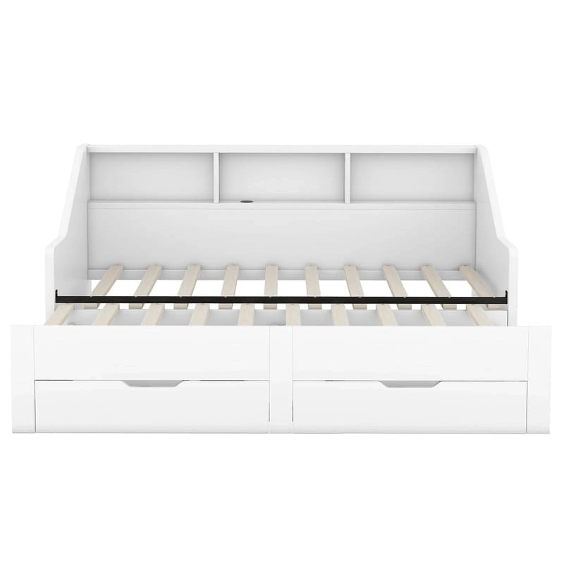 Twin to King Size Daybed Frame with Storage Bookcases and Two Drawers,Charging Design