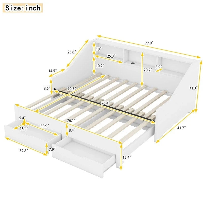 Twin to King Size Daybed Frame with Storage Bookcases and Two Drawers,Charging Design
