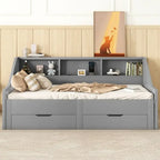 Twin to King Size Daybed Frame with Storage Bookcases and Two Drawers,Charging Design