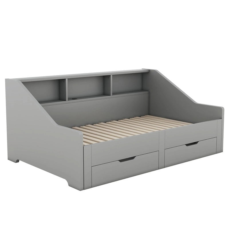 Twin to King Size Daybed Frame with Storage Bookcases and Two Drawers,Charging Design