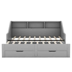 Twin to King Size Daybed Frame with Storage Bookcases and Two Drawers,Charging Design