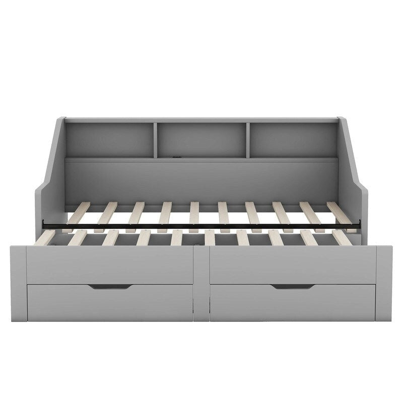 Twin to King Size Daybed Frame with Storage Bookcases and Two Drawers,Charging Design