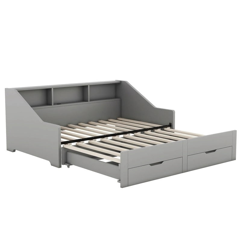 Twin to King Size Daybed Frame with Storage Bookcases and Two Drawers,Charging Design