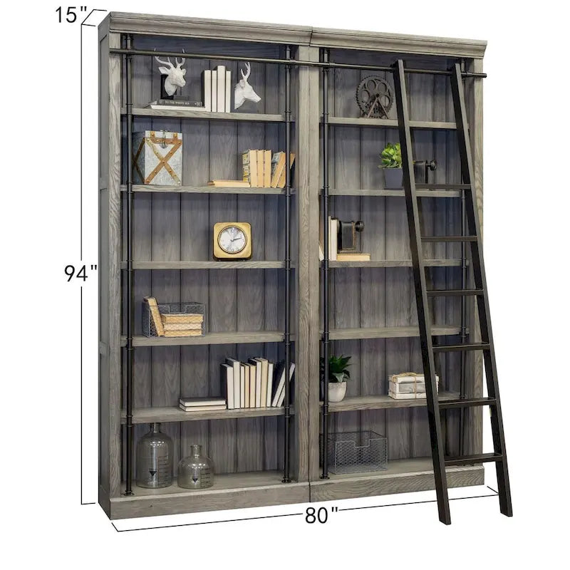 Avondale 8' Tall Bookcase Wall With Ladder, Storage Organizer, Display Shelf for Office, Brown - 80W x 94H x 15D
