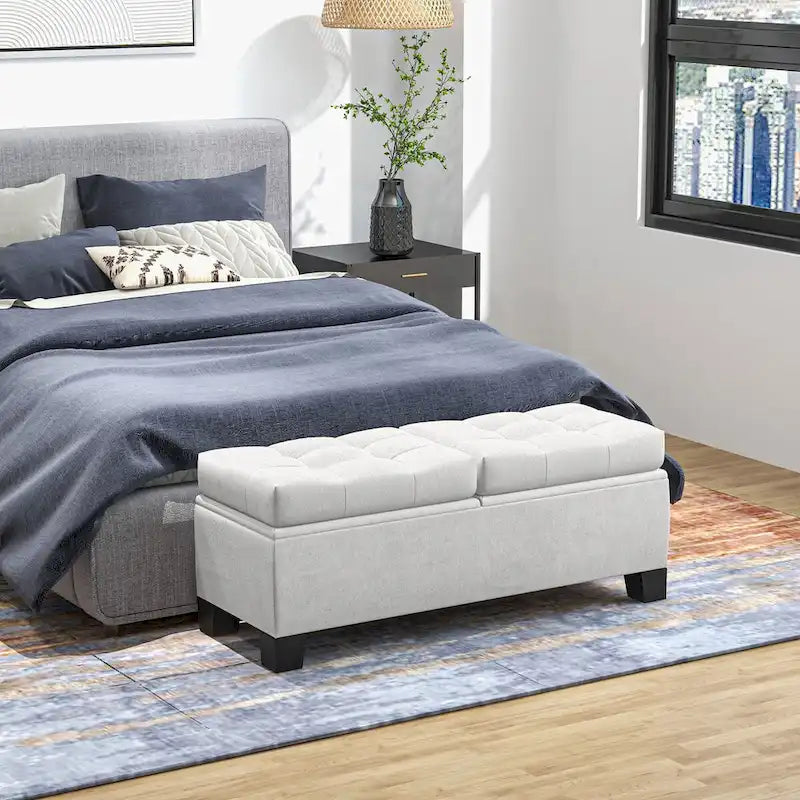 Storage Ottoman Bench, Upholstered End of Bed Bench with Steel Frame, Button Tufted Storage Bench with Safety Hinges