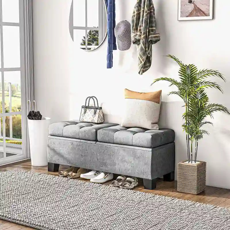 Storage Ottoman Bench, Upholstered End of Bed Bench with Steel Frame, Button Tufted Storage Bench with Safety Hinges
